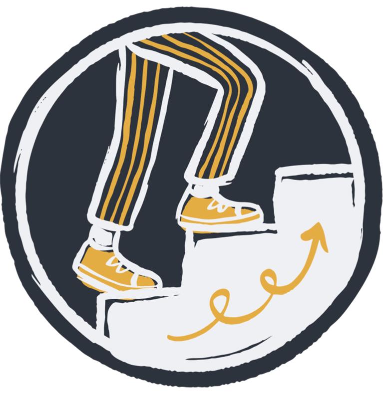 An icon representing an emerging leader moving up the stairs of business